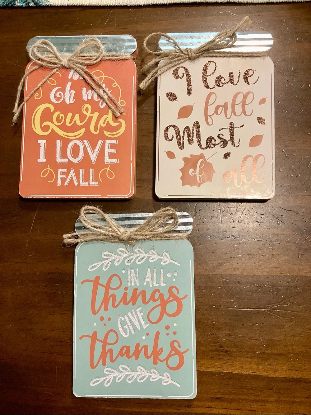 Autumn Mason Jar Decor- Trio in Coral, Cream & Mint